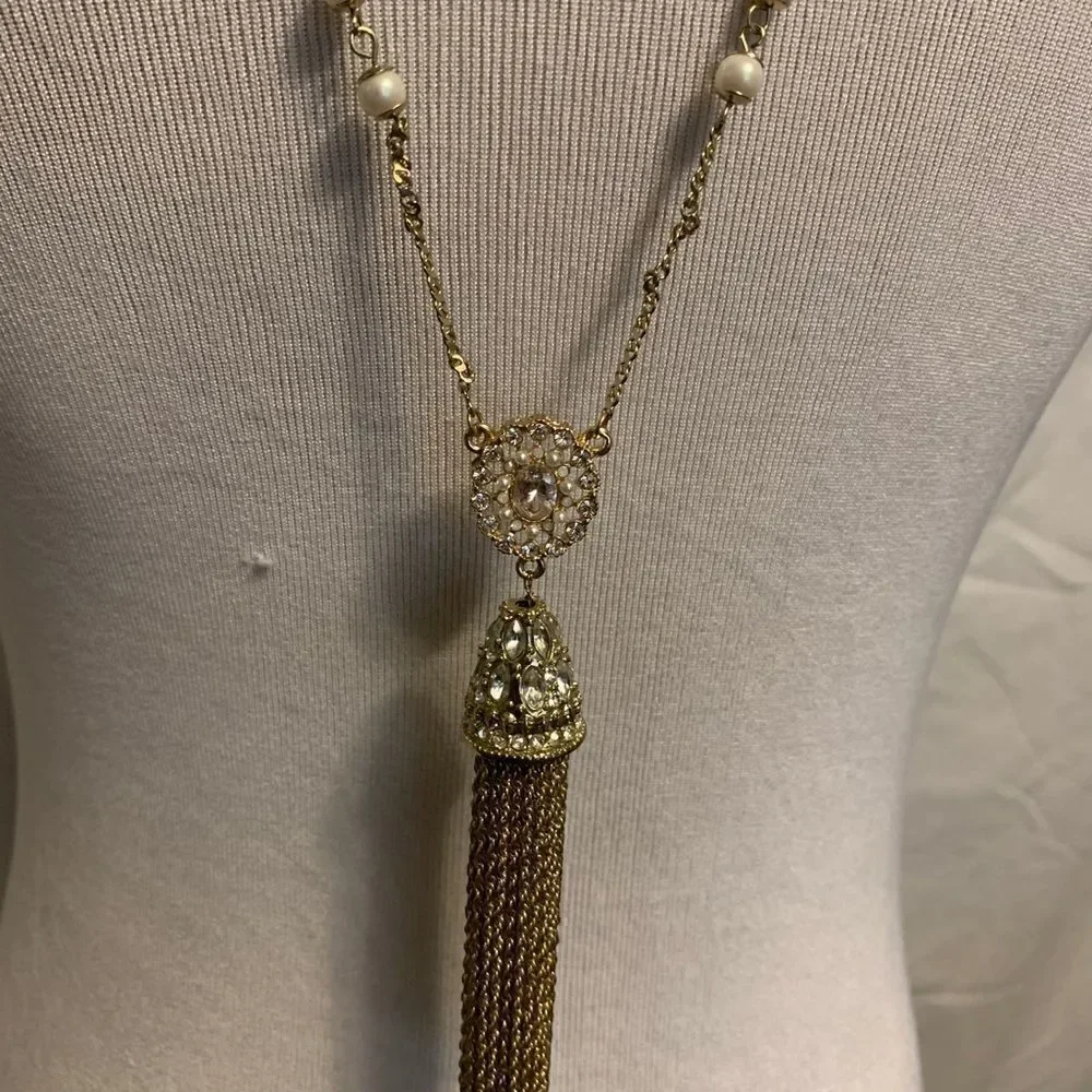 Gold and Pearl Long Tassel Necklace